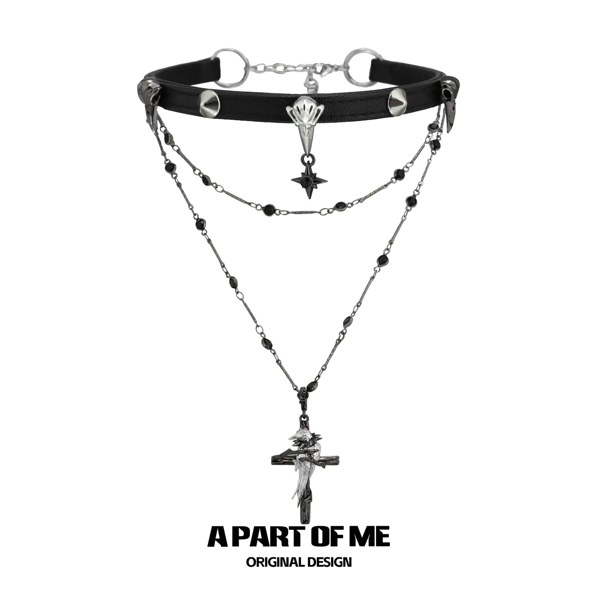 Gothic raven cross necklace with layered chains and black accents for a dark, stylish look