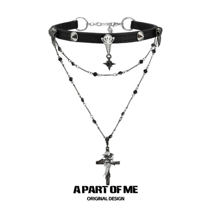 Gothic raven cross necklace with layered chains and black accents for a dark, stylish look