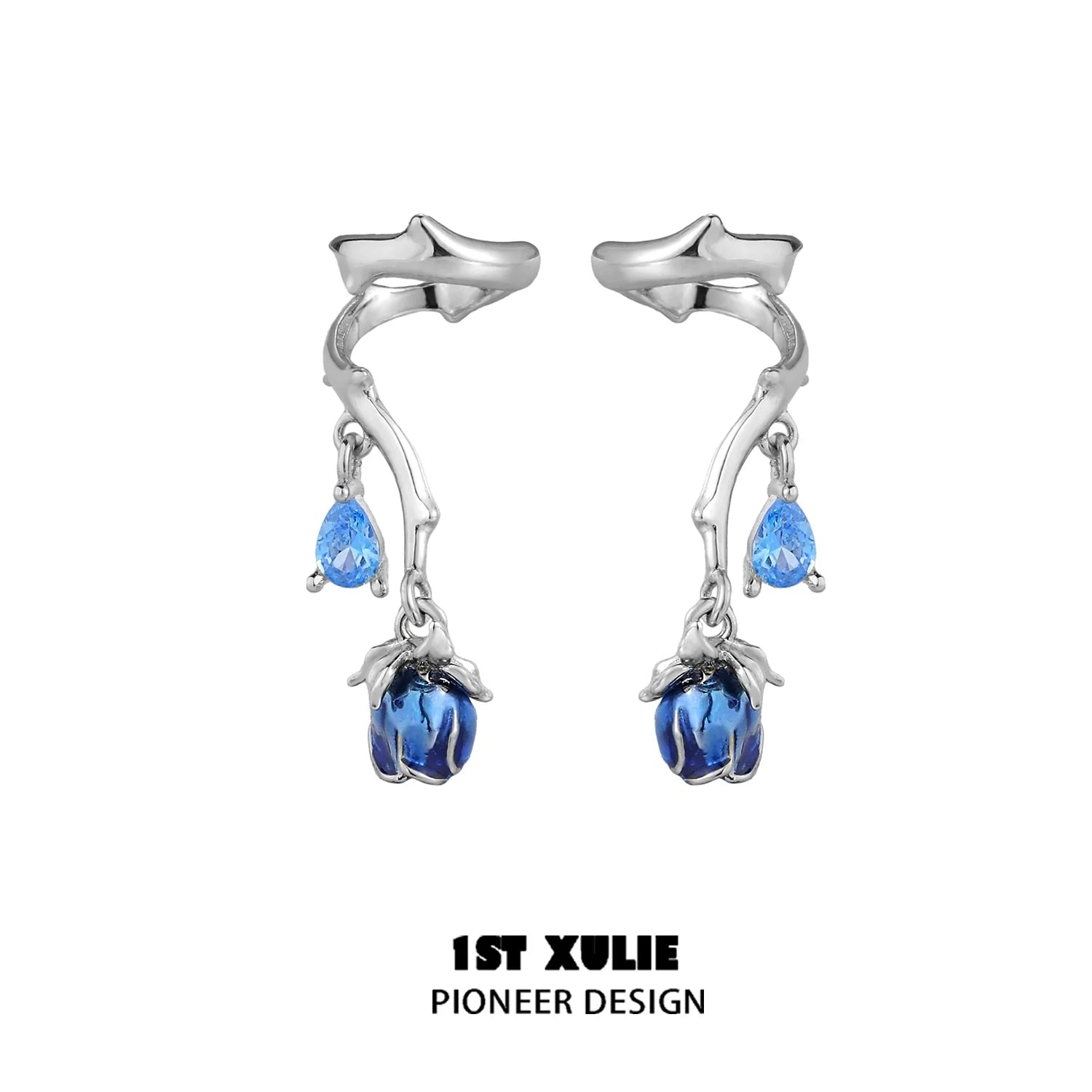 Elegant gothic rose ear cuffs featuring blue petals and dangling gems for a unique accessory look