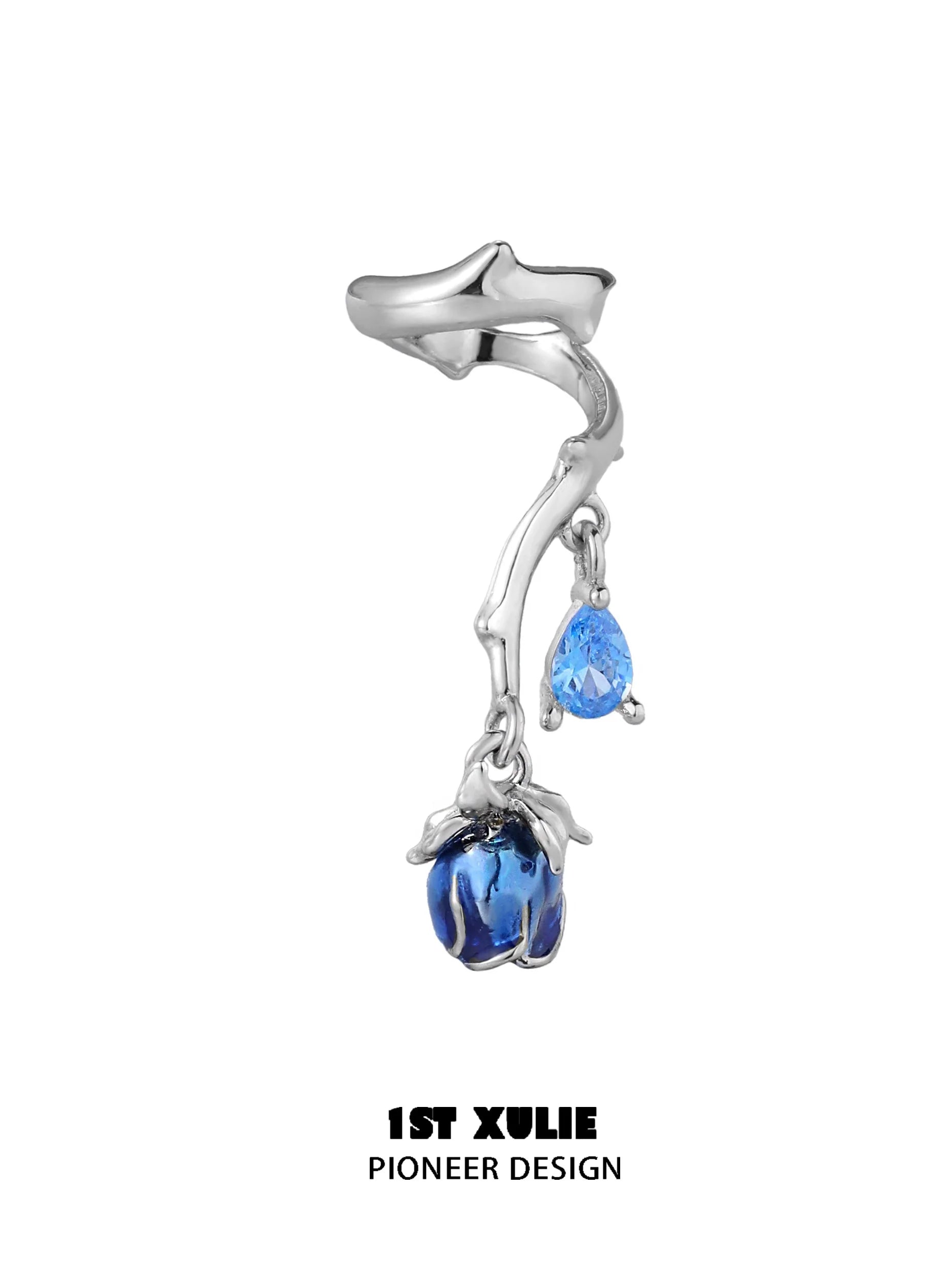 Gothic rose ear cuff from 1STXULIE featuring a blue rose design and dangling gemstone for stylish ear accessories