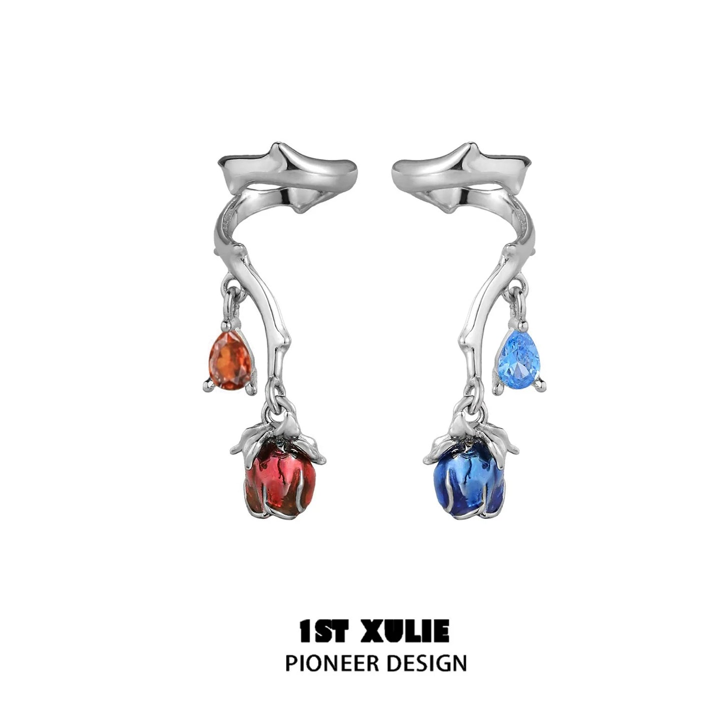 Unique gothic rose ear cuffs by 1ST XULIE featuring colorful gemstone drops in blue and orange