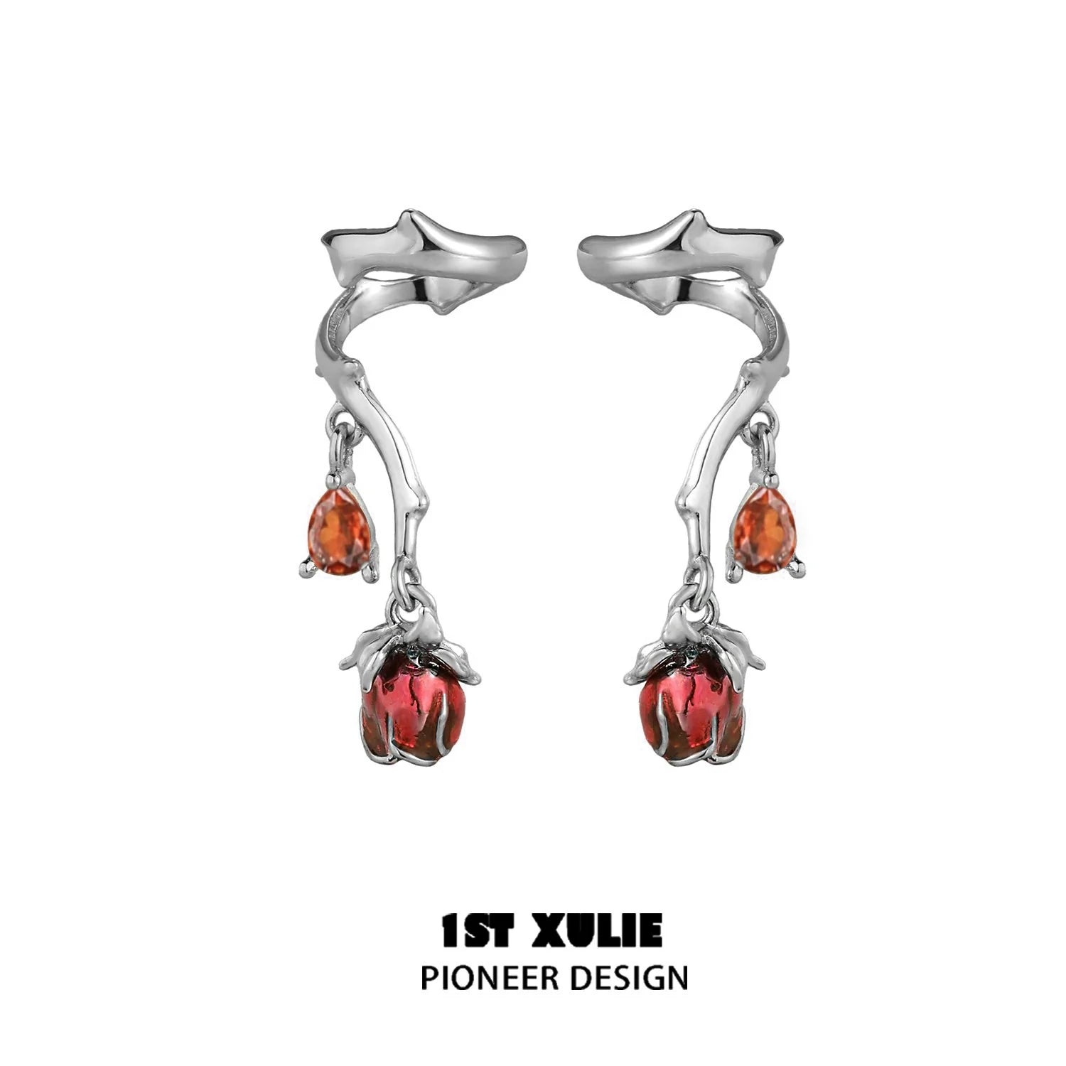 Gothic rose ear cuffs featuring silver design with red and orange gemstone accents.