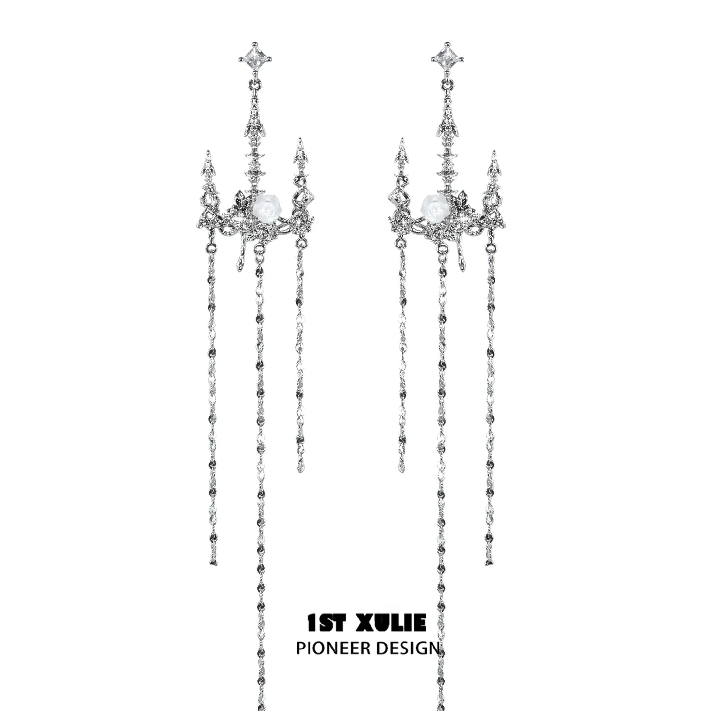 Gothic rose tassel earrings with intricate design and dangling chains for a bold fashion statement