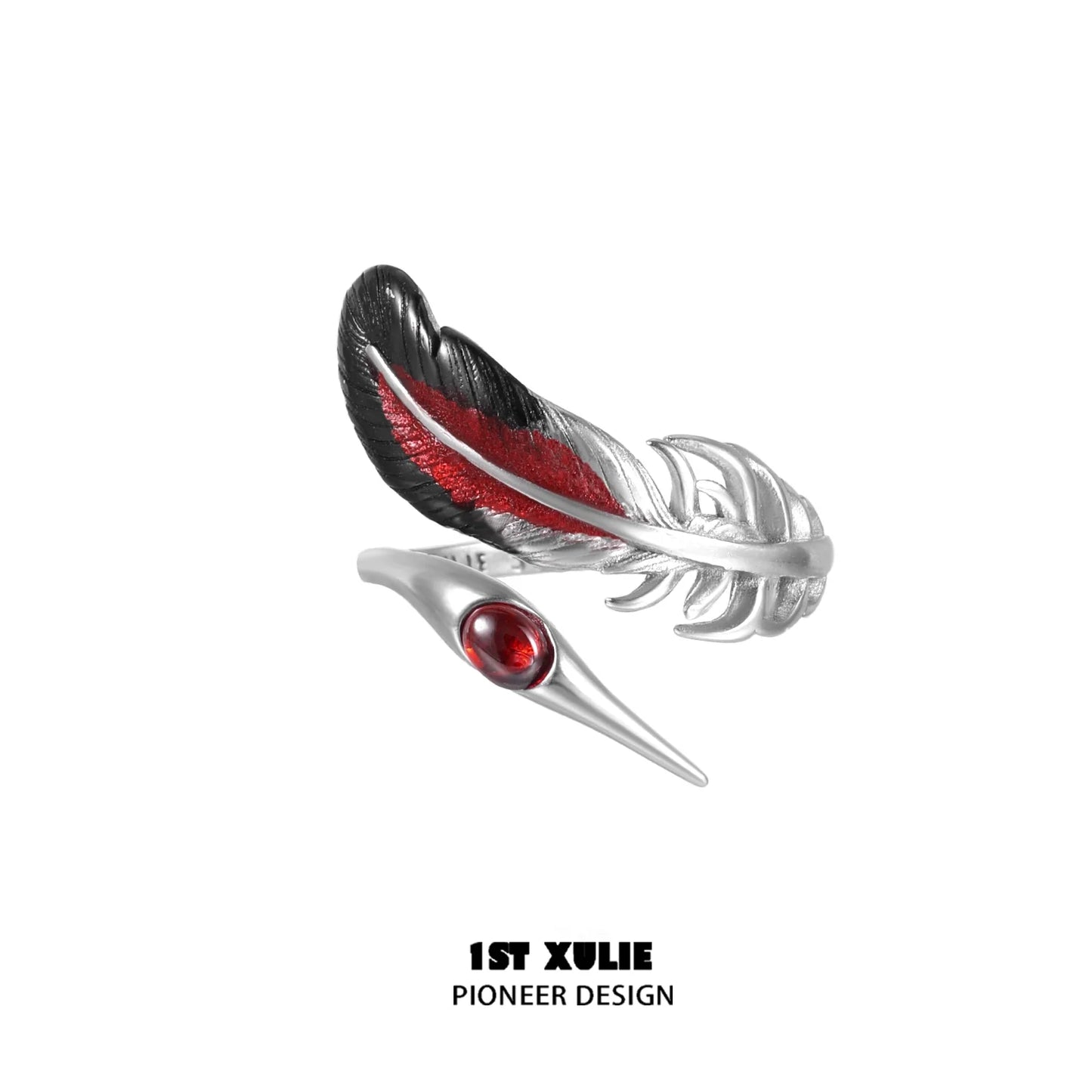 Gothic silver crane ring featuring intricate feather design with red accents and a gemstone eye