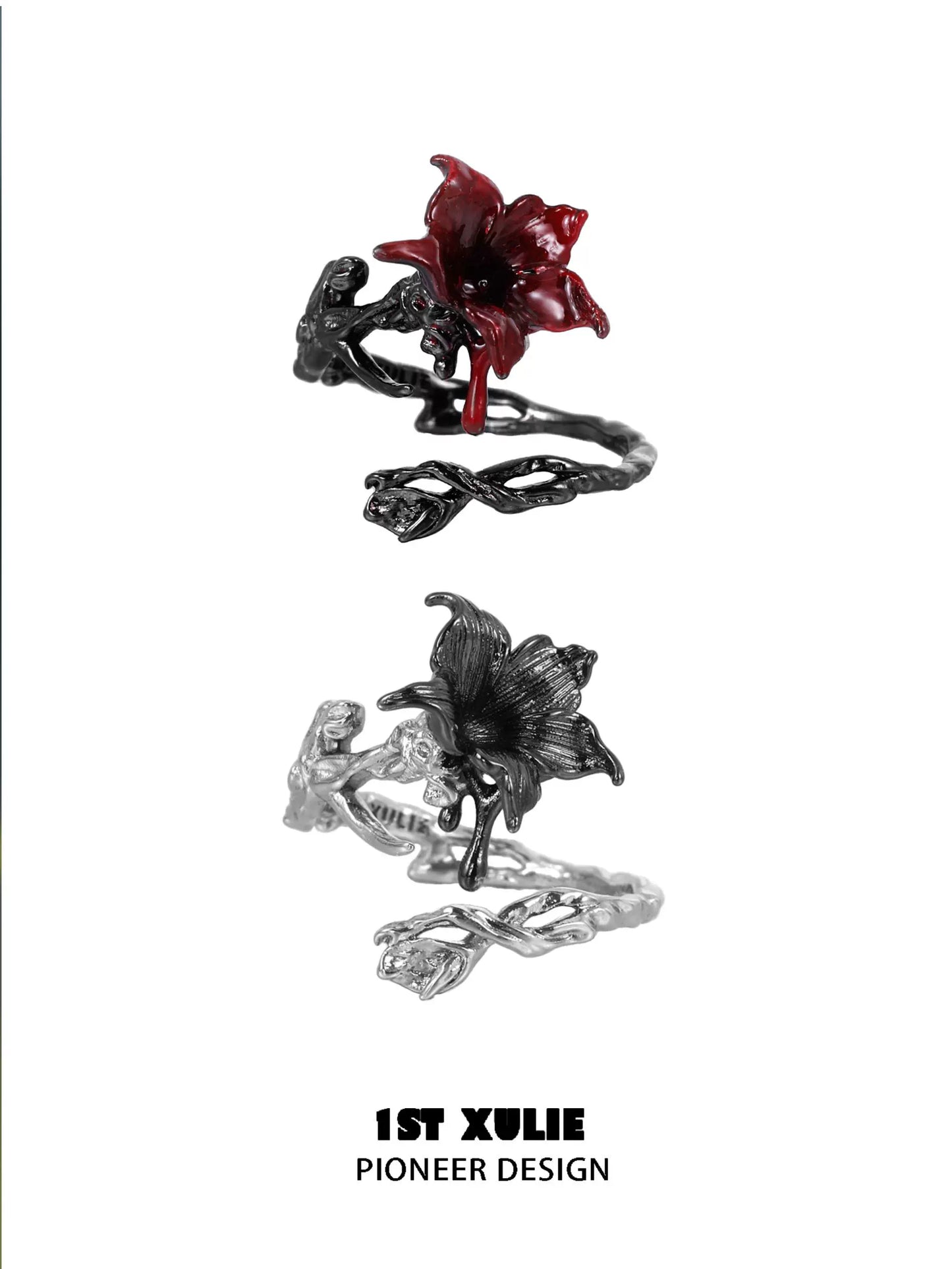Gothic silver mandala ring featuring intricate floral design and red accents from 1STXULIE
