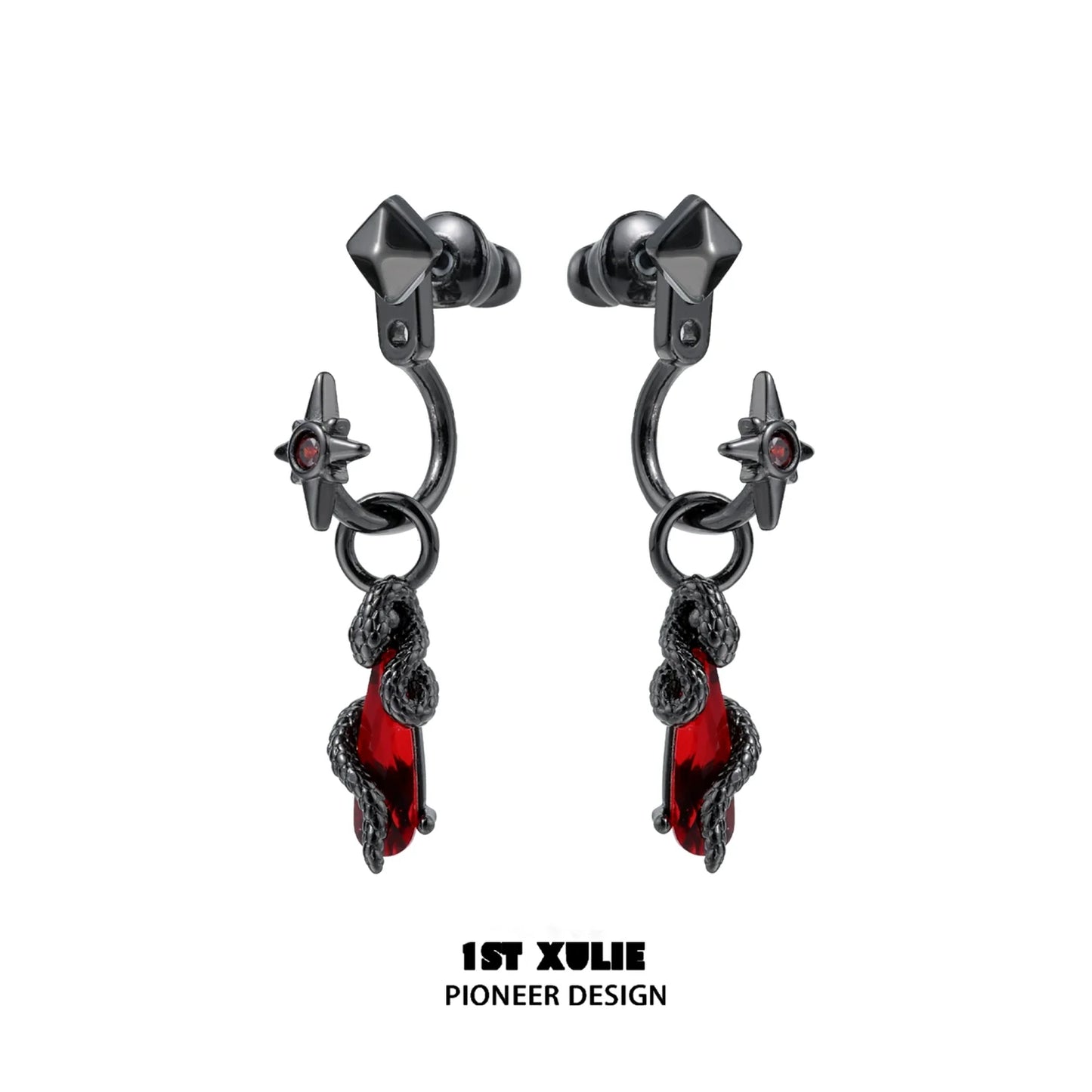 Gothic snake earrings designed by 1STXULIE featuring red accents and star details.