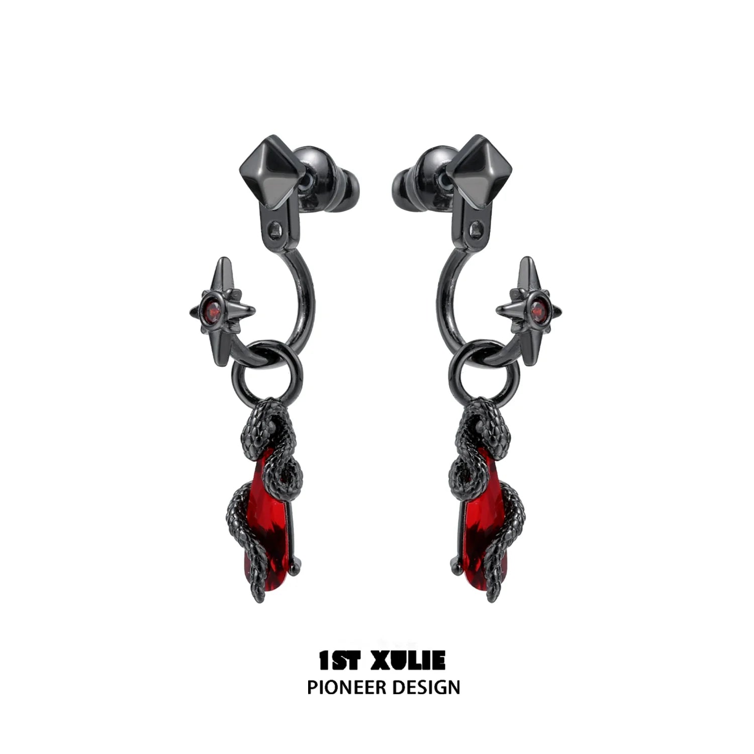 Gothic snake earrings designed by 1STXULIE featuring red accents and star details.