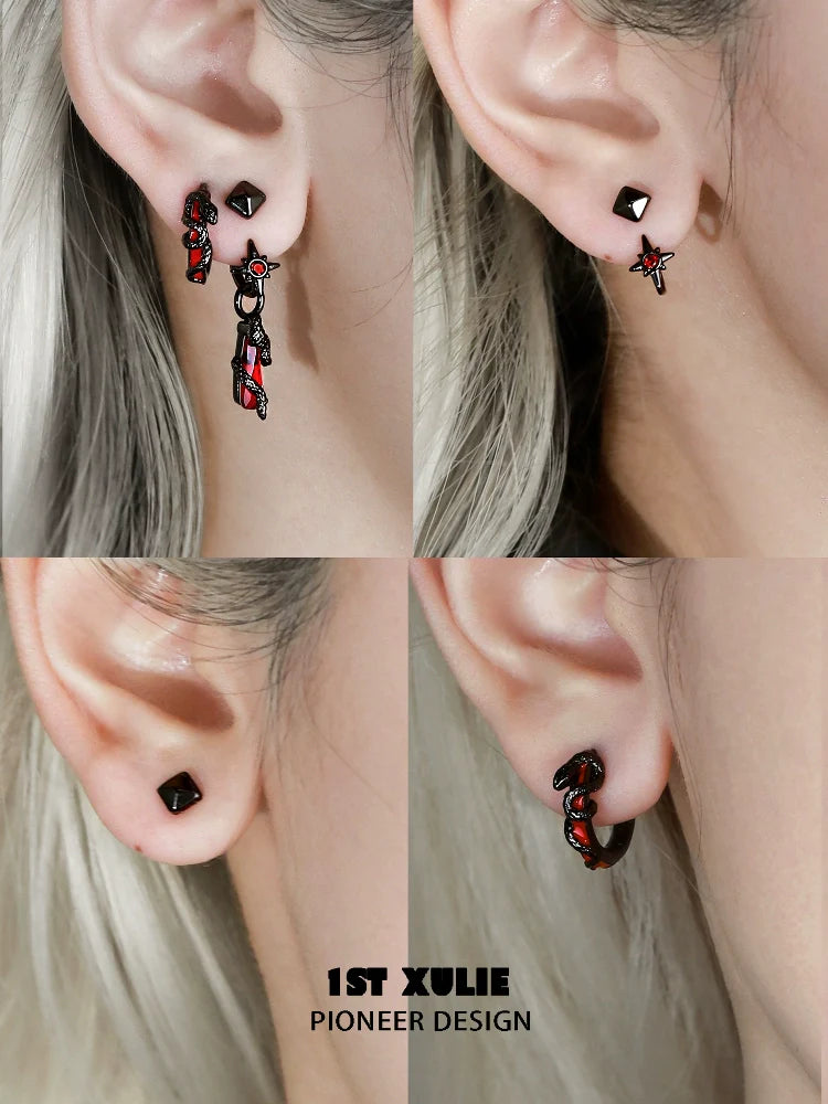 Gothic snake earrings featuring unique designs with red and black accents for a stylish look
