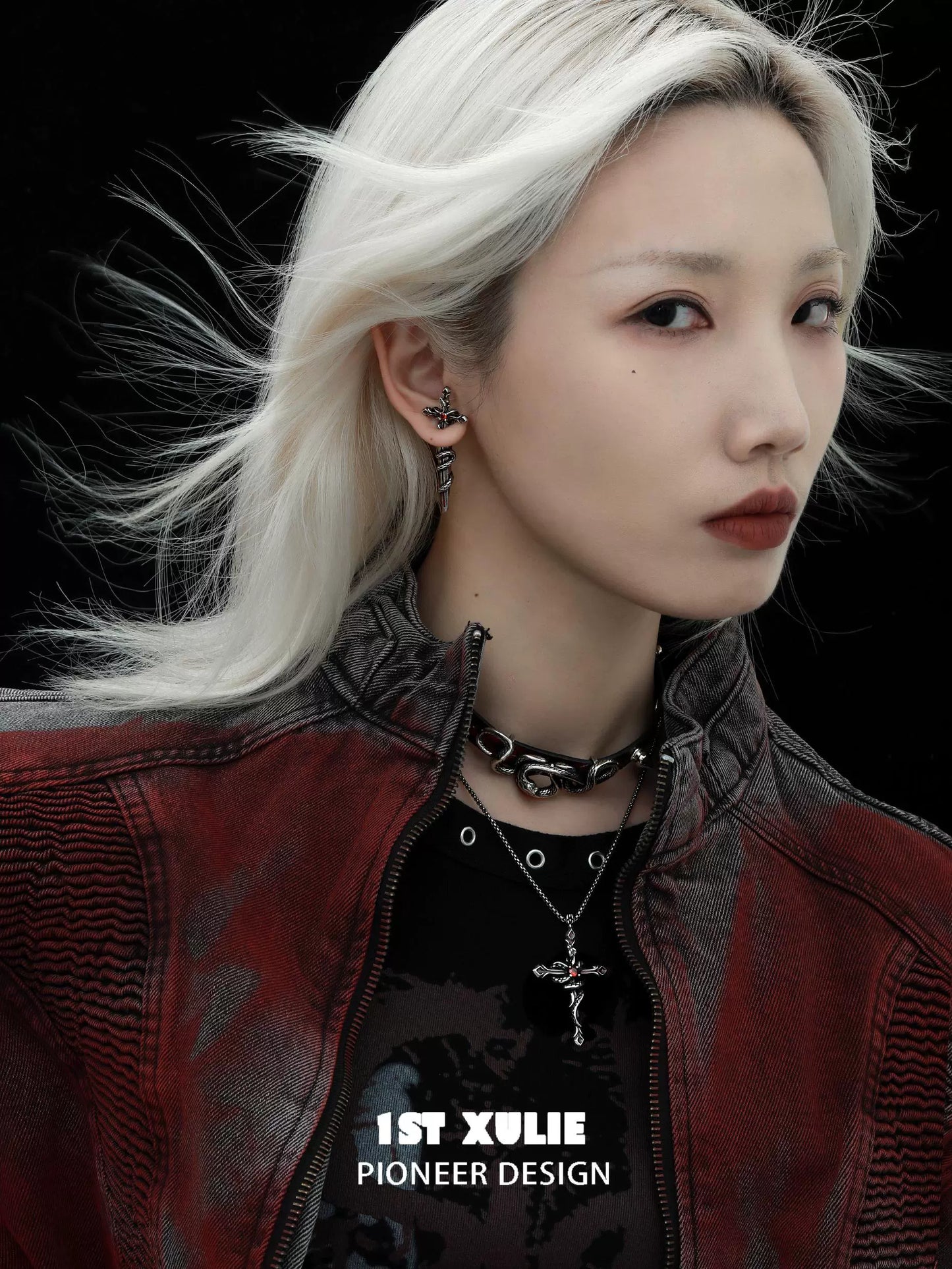 Model wearing a gothic snake necklace showcasing a bold, edgy design perfect for alternative fashion