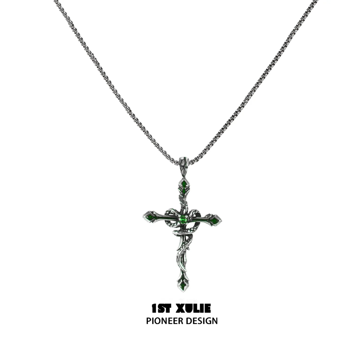 Gothic snake necklace with intricate cross design and green gemstone accents by 1STXULIE