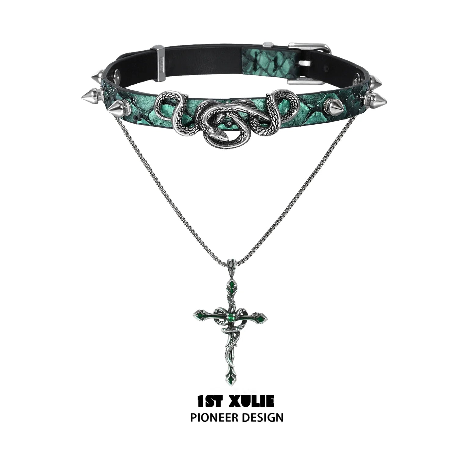 Gothic snake necklace with a silver cross pendant hanging from a spiked black choker