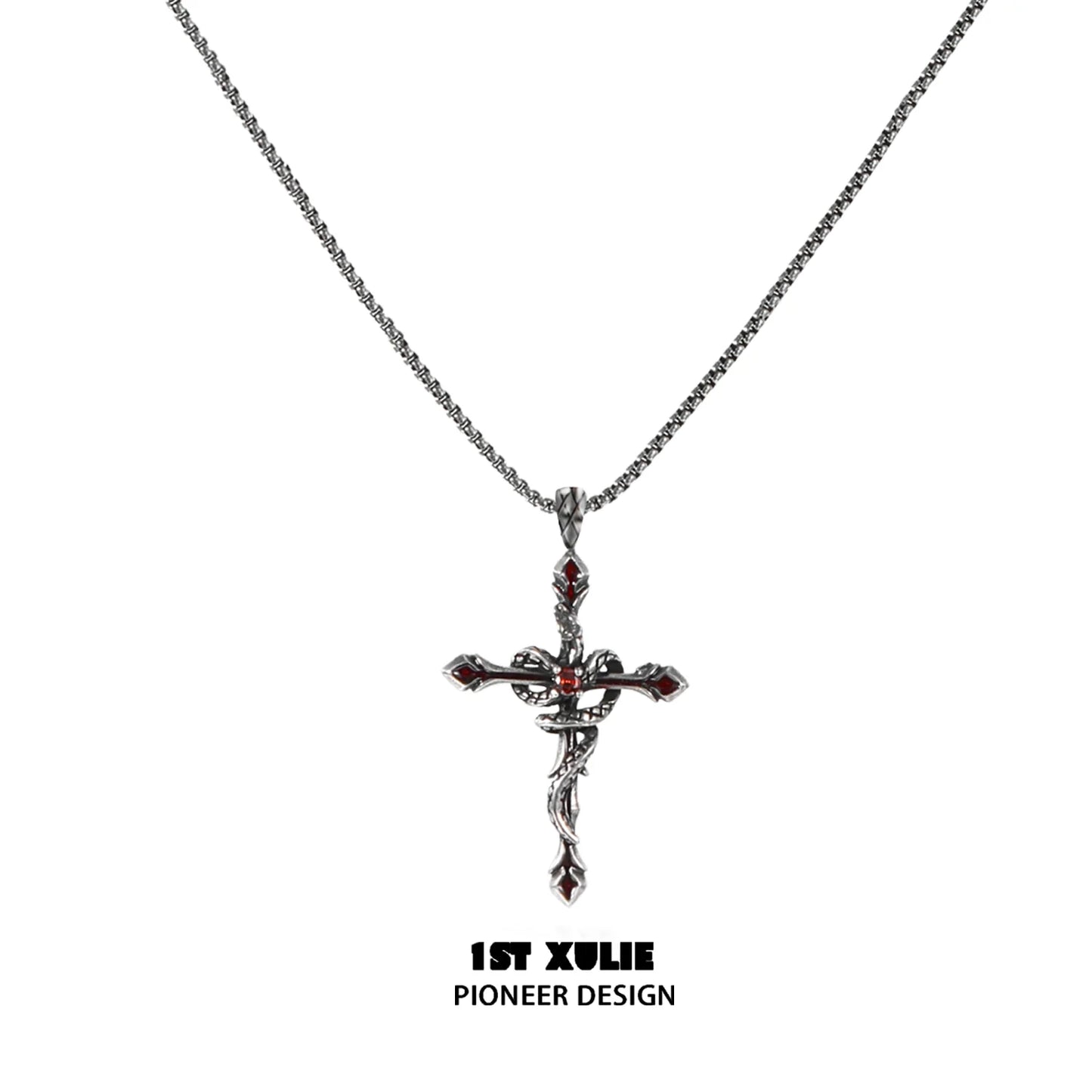 Gothic snake necklace with a detailed silver cross pendant and intricate design by 1STXULIE