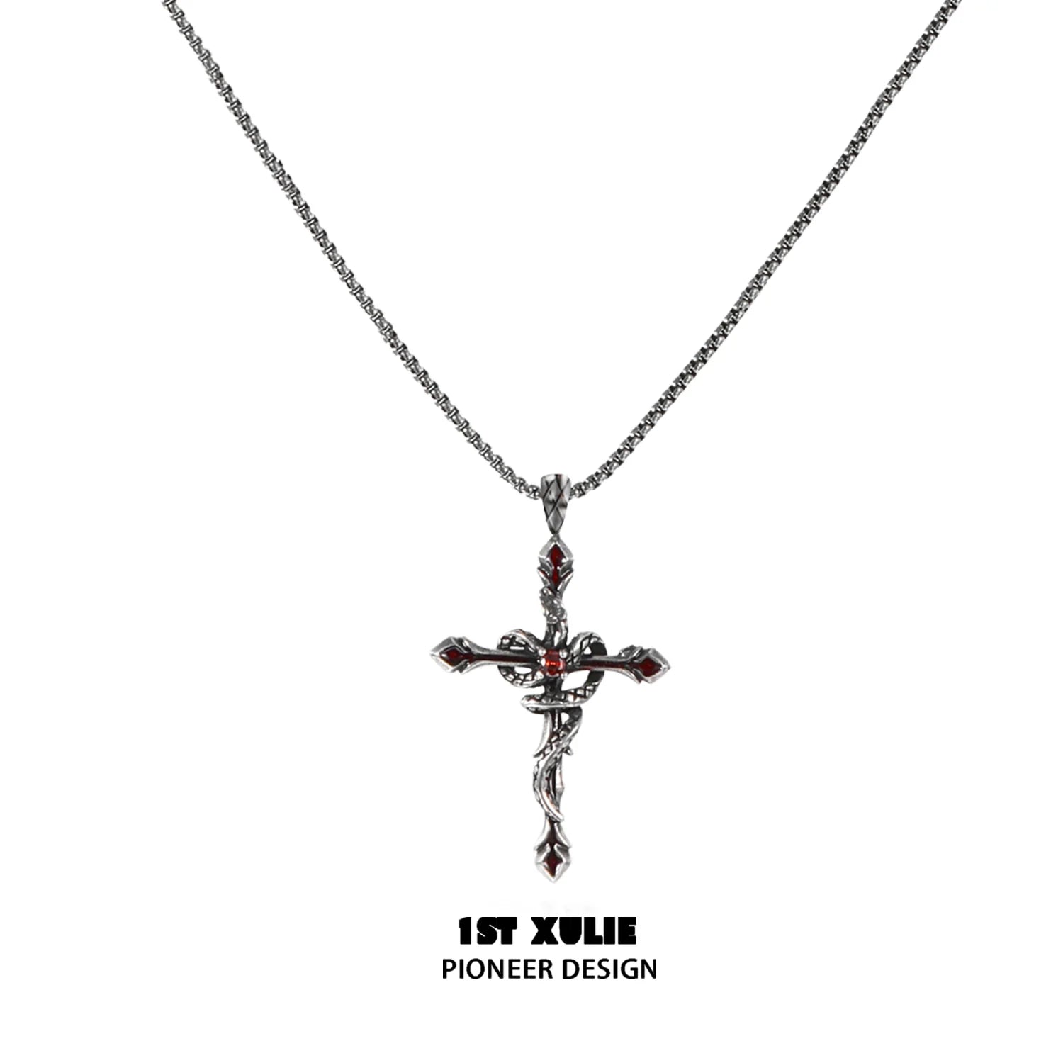 Gothic snake necklace with a detailed silver cross pendant and intricate design by 1STXULIE