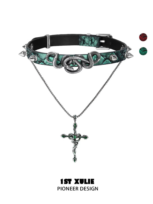 Gothic snake necklace with a striking design featuring a cross and spikes for a bold look