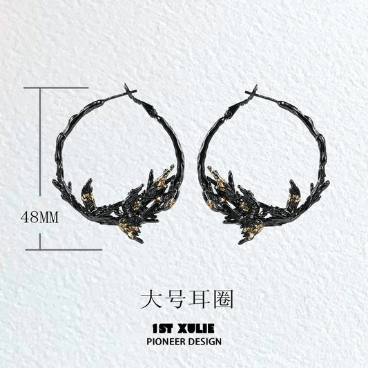 1ST XULIE Gothic Swallow Earrings in Black with Unique Twisted Design, 48MM Diameter
