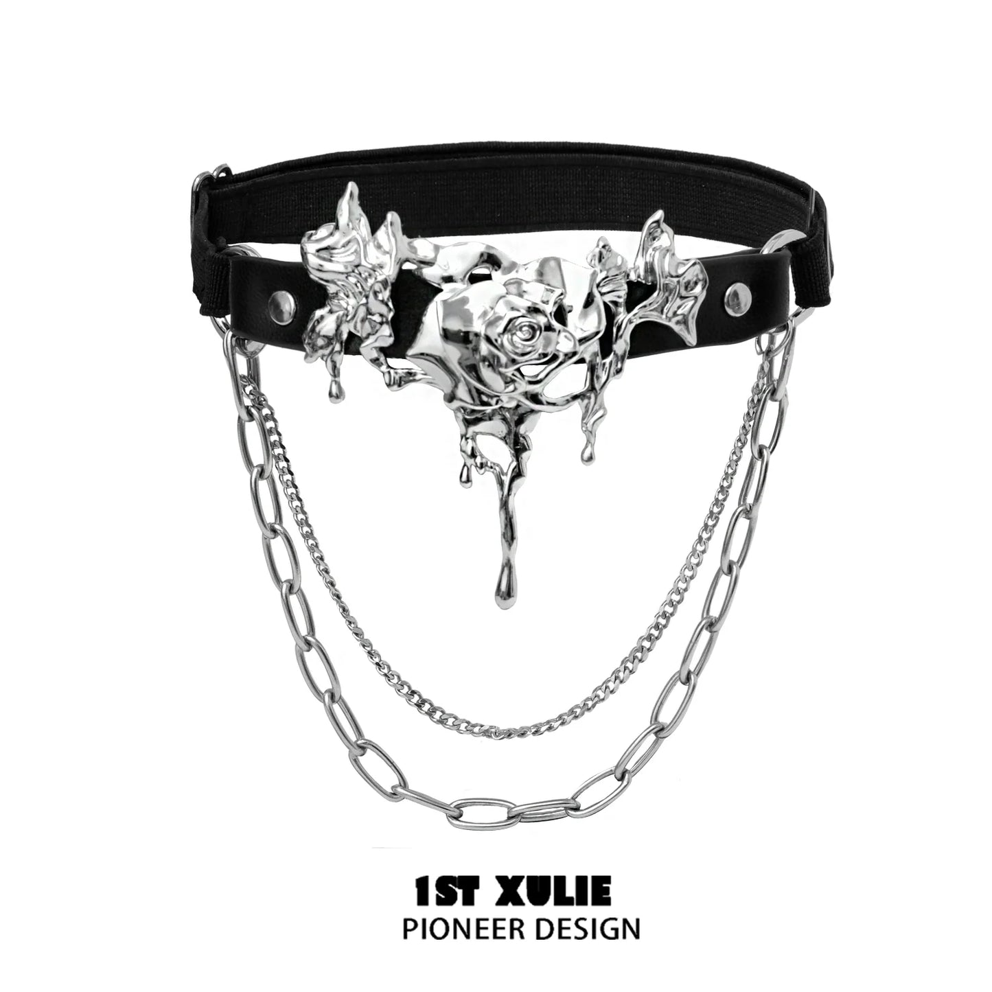 Gothic thigh chain jewelry featuring a silver rose design with hanging chains for a stylish look