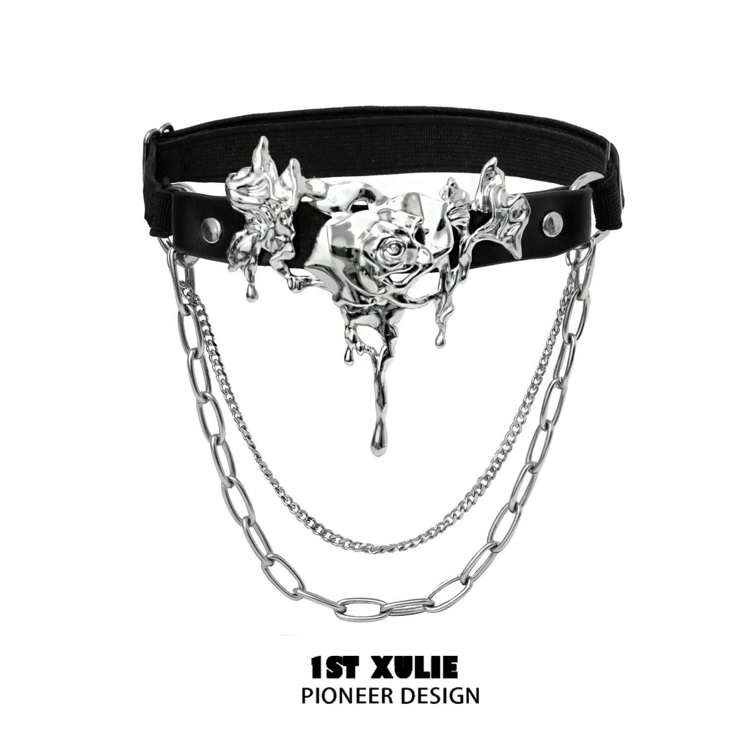 Gothic thigh chain jewelry featuring a silver rose design with hanging chains for a stylish look