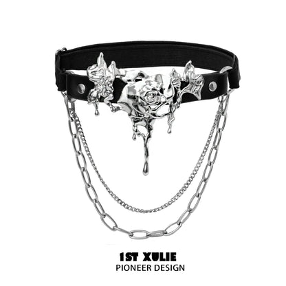Gothic thigh chain jewelry featuring a silver rose design with hanging chains for a stylish look