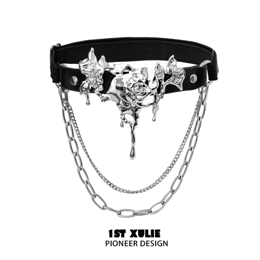 Gothic thigh chain jewelry featuring a silver rose design with hanging chains for a stylish look