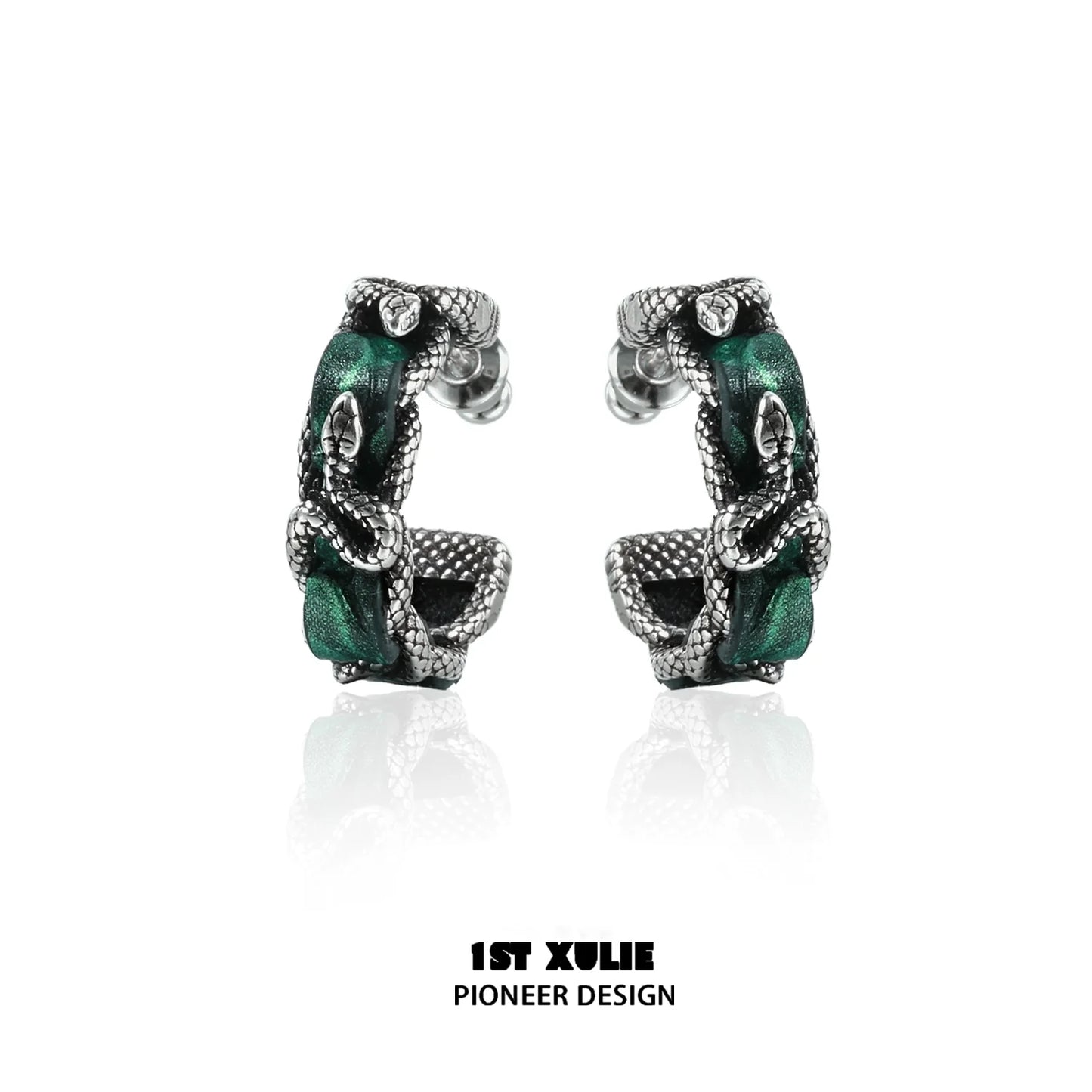Gothic venomous spirit earrings featuring intricate design with silver tones and green accents for a bold look