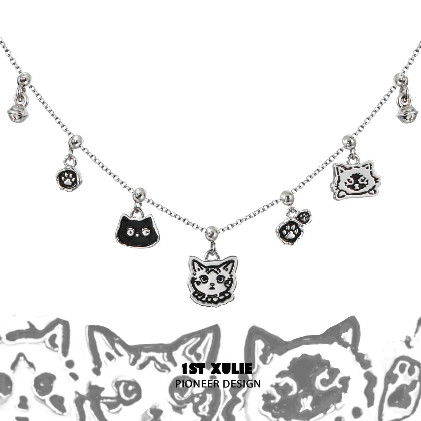 Graffiti cat sterling silver necklace featuring cute cat charms for a playful accessory