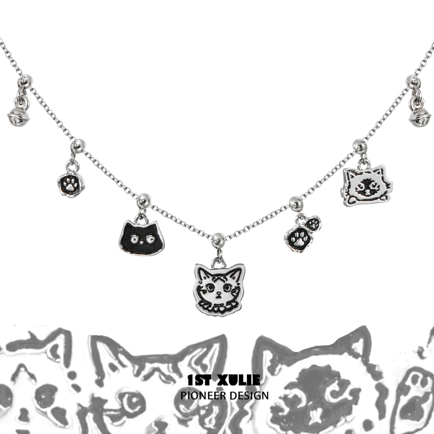 Graffiti cat sterling silver necklace featuring cute cat charms for a playful accessory