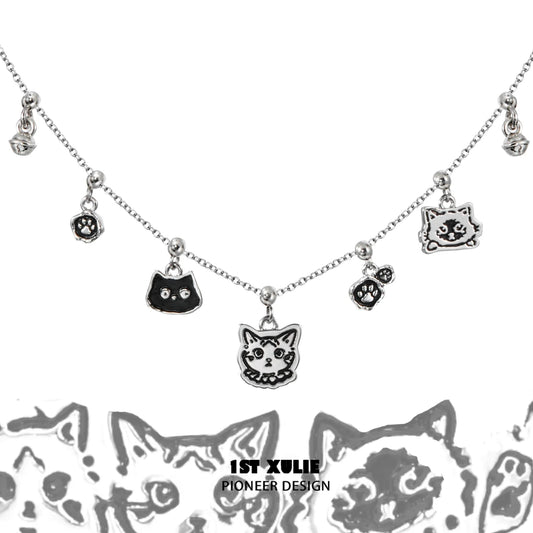 Graffiti cat sterling silver necklace featuring cute cat charms for a playful accessory