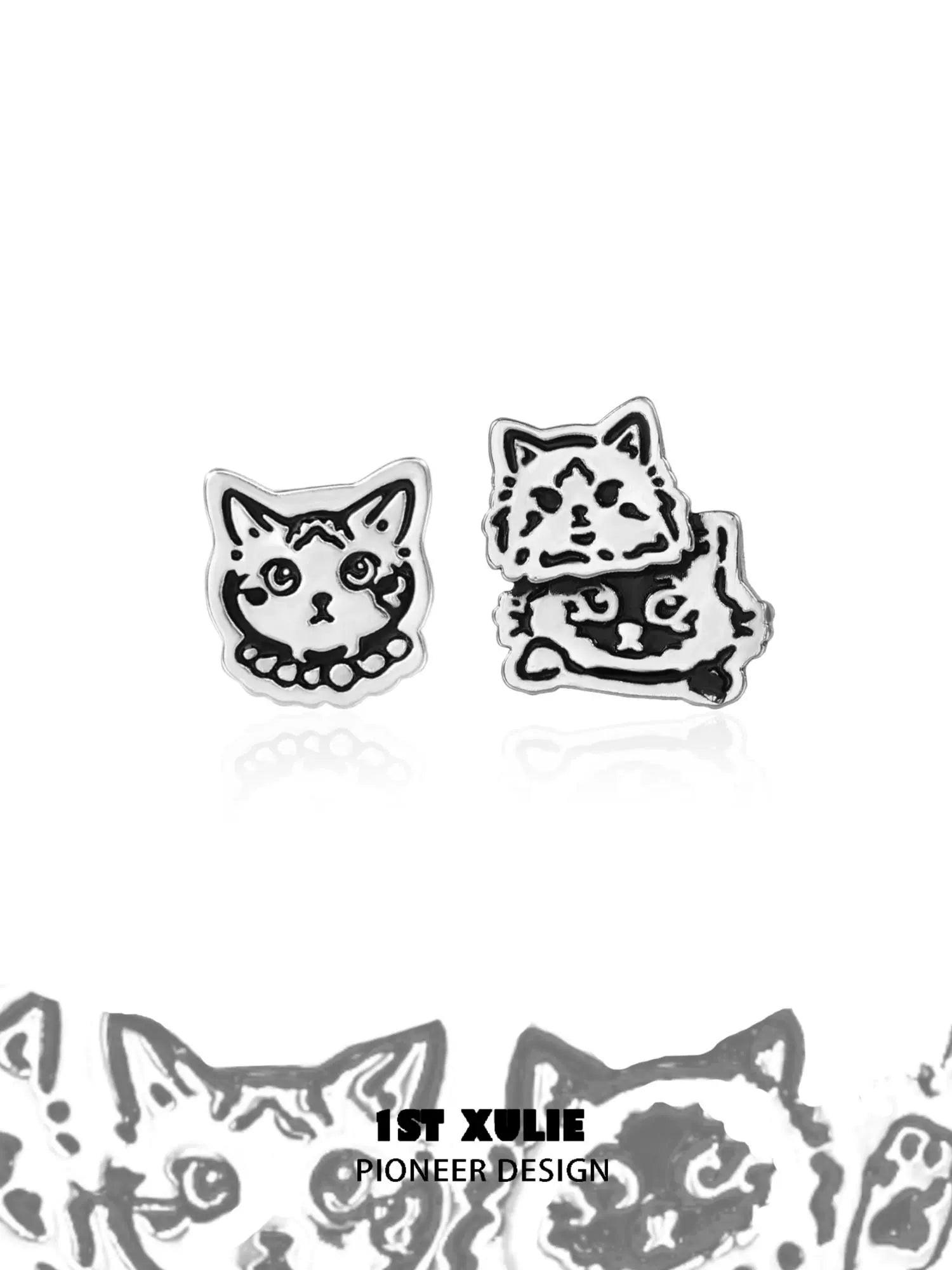 Unique graffiti cat stud earrings featuring playful cat designs in black and white