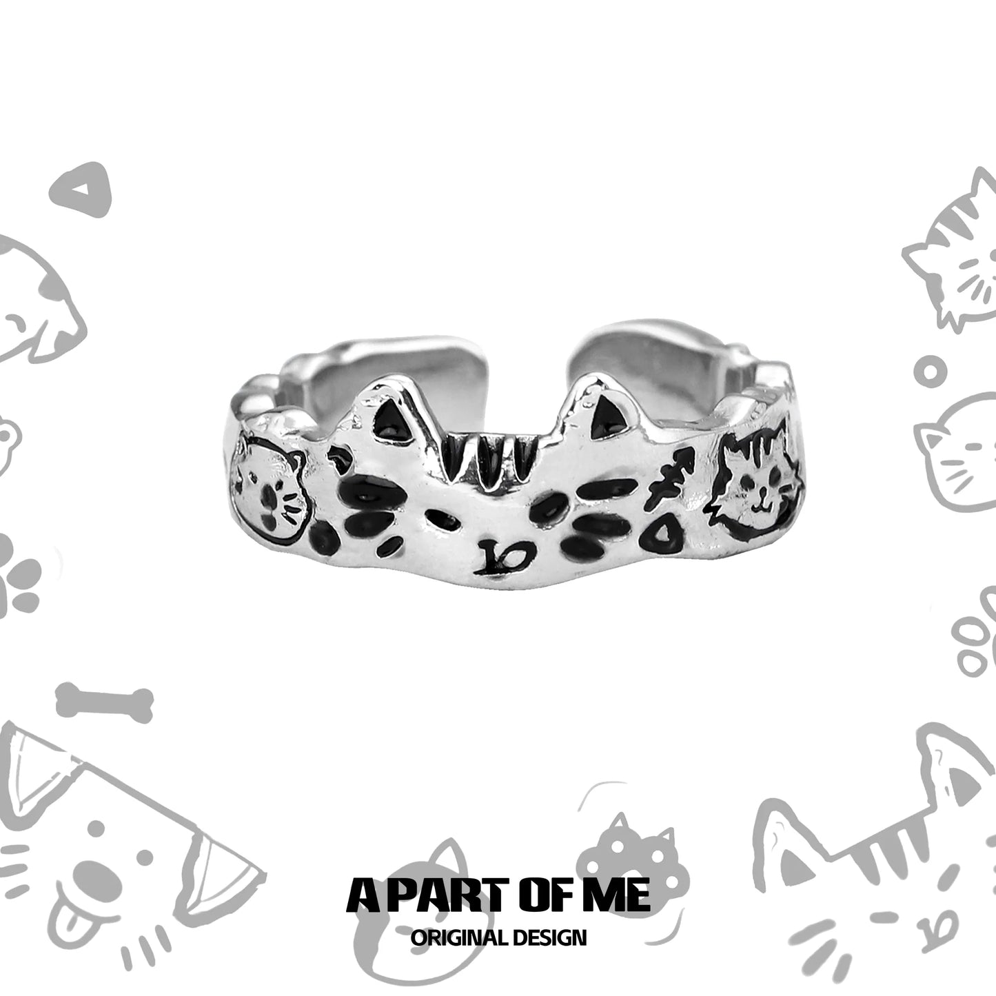 Graffiti pet couple rings featuring playful cat designs in polished silver finish