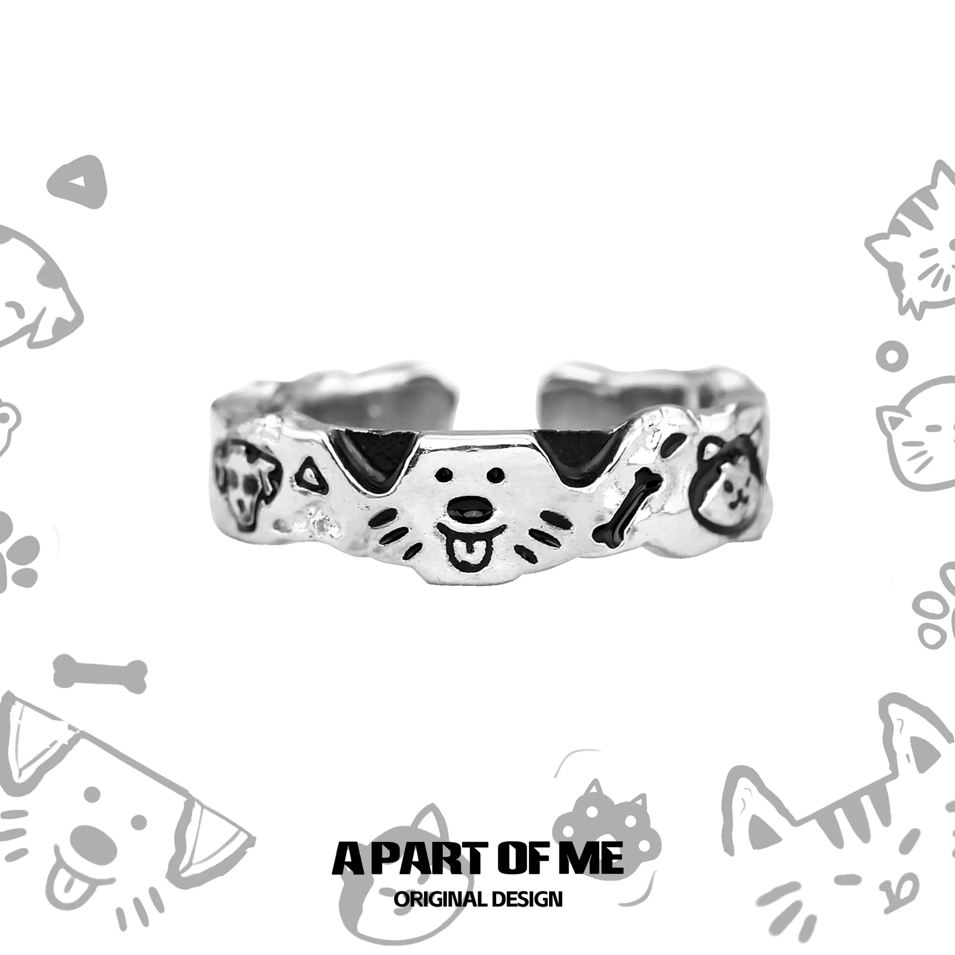 A PART OF ME Graffiti Pet Couple Rings featuring dog and cat designs in a stylish silver finish