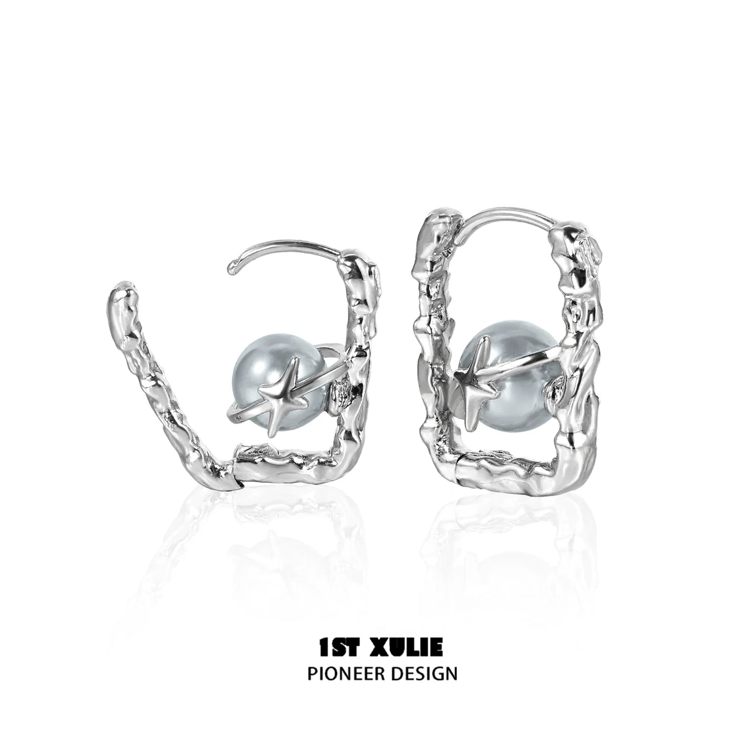 Stylish gray pearl star earrings with a unique twisted design for a modern look