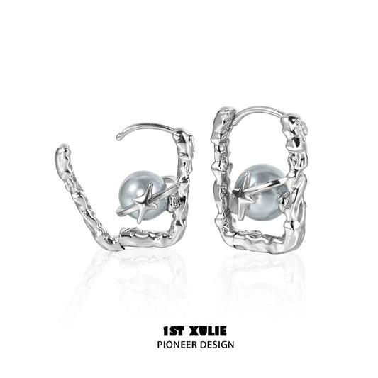 Stylish gray pearl star earrings with a unique twisted design for a modern look