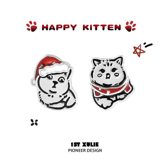 Cute Christmas cat stud earrings featuring a Santa hat and a festive scarf design