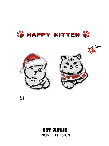 Christmas cat stud earrings featuring cute kitten designs in festive hats for holiday celebrations