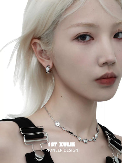 Model showcasing a happy puppy black leather necklace with elegant silver accents and a stylish design