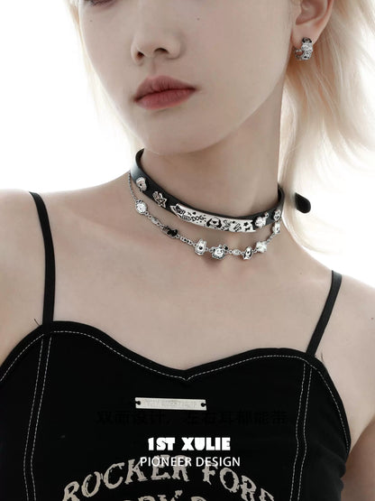 Stylish happy puppy black leather necklace featuring unique silver embellishments for trendy pet lovers