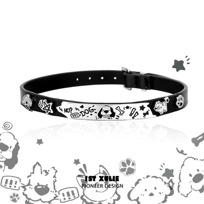 Happy puppy black leather necklace with playful dog graphics and adjustable buckle closure