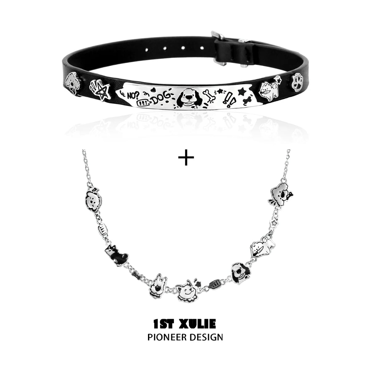 Happy puppy black leather necklace featuring playful dog-themed charms and unique design
