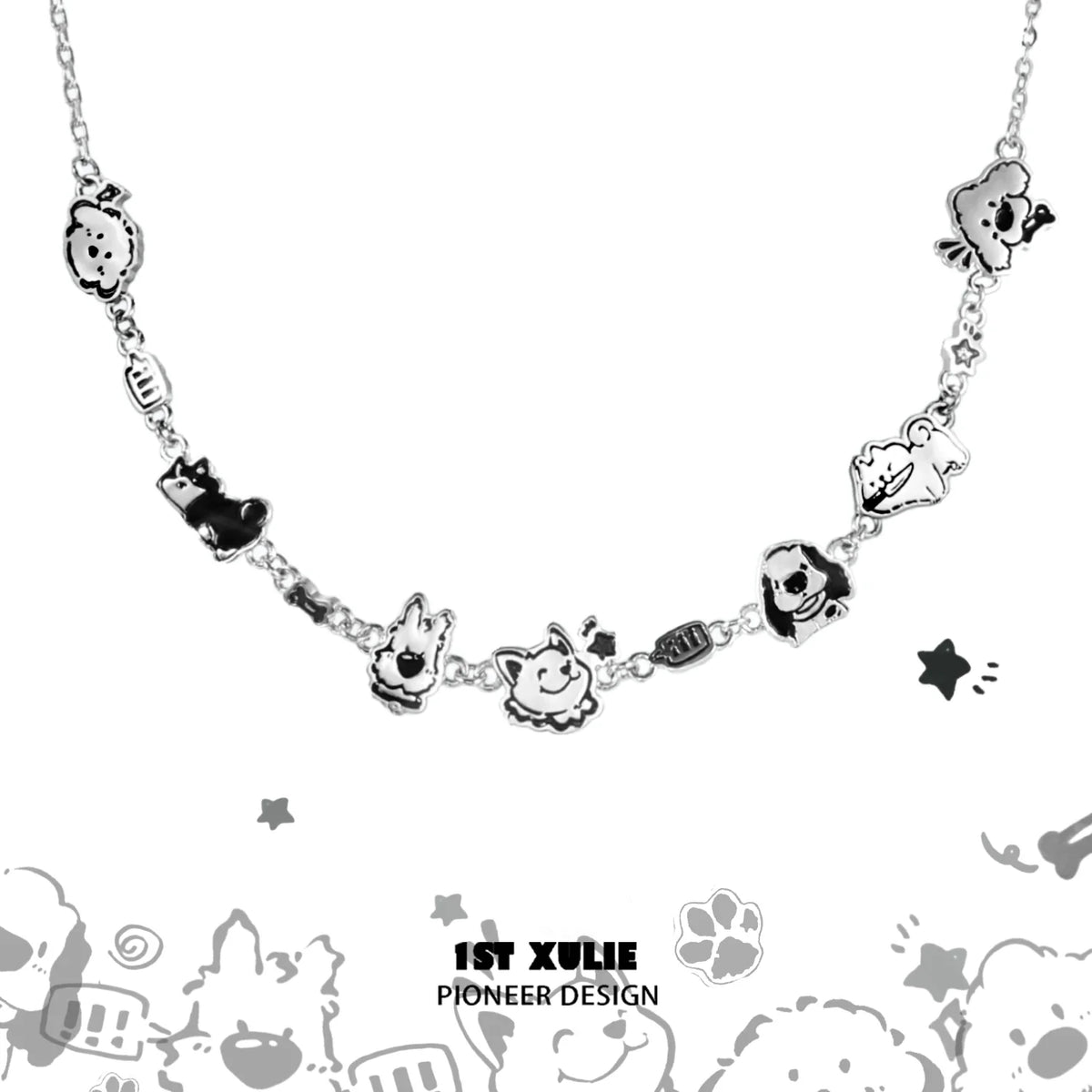 Happy puppy black leather necklace featuring playful charm designs for stylish pet lovers