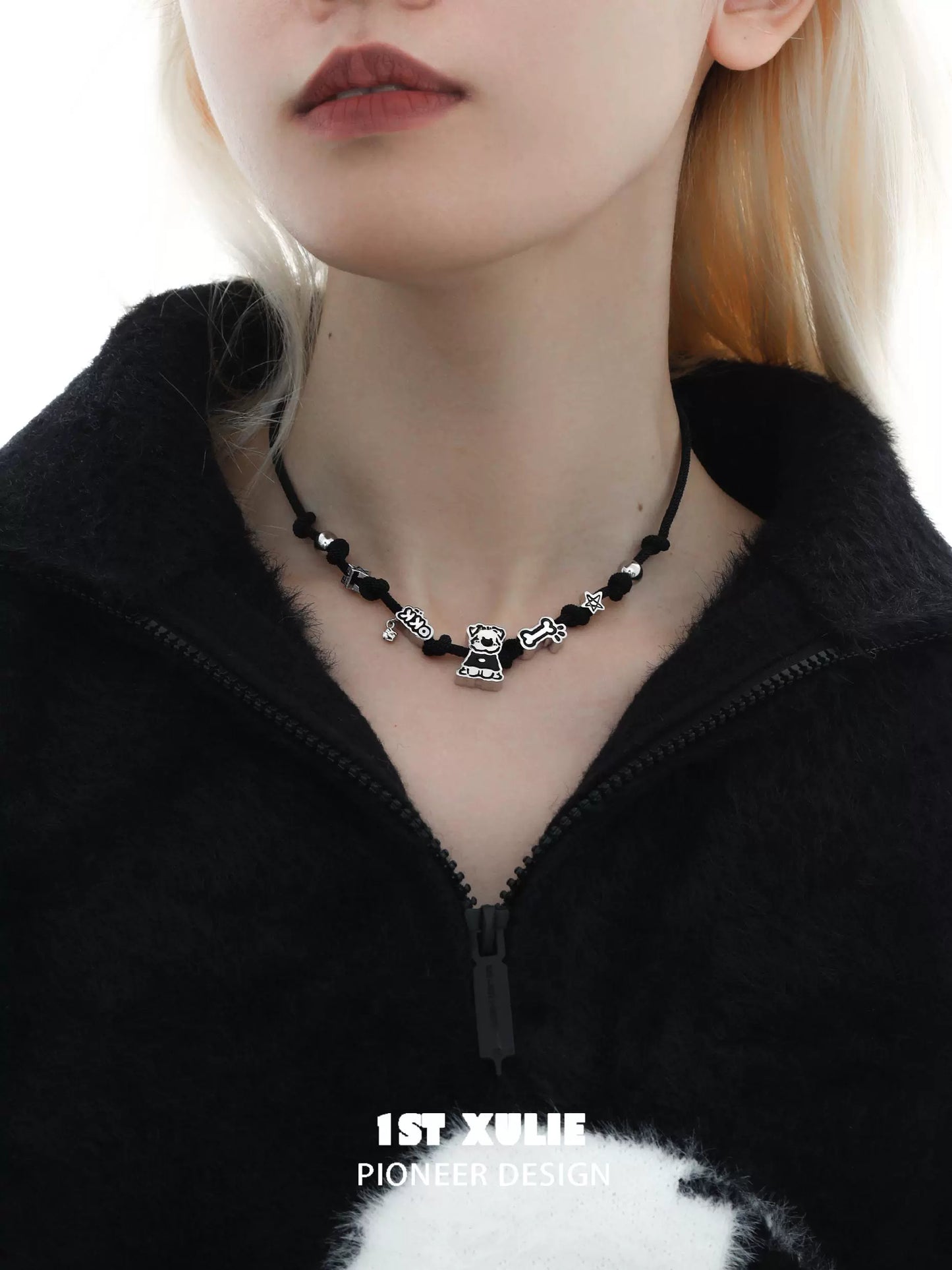 Happy puppy braided necklace featuring playful charms for dog lovers and casual wear