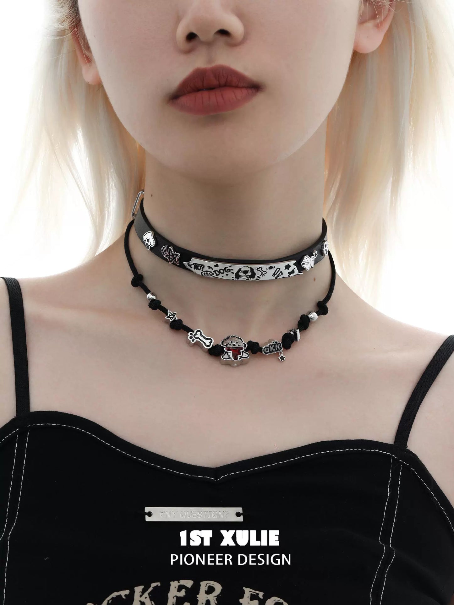 Black and silver happy puppy braided necklace with playful dog-themed charms for stylish pet lovers