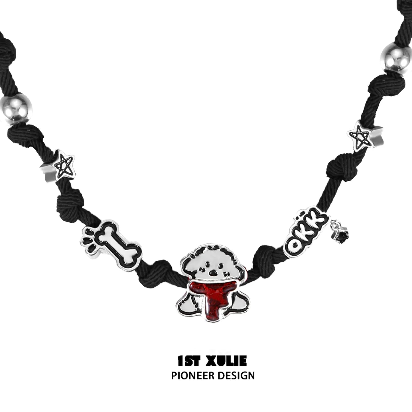Happy puppy braided necklace featuring colorful charm designs and adjustable length for dog lovers