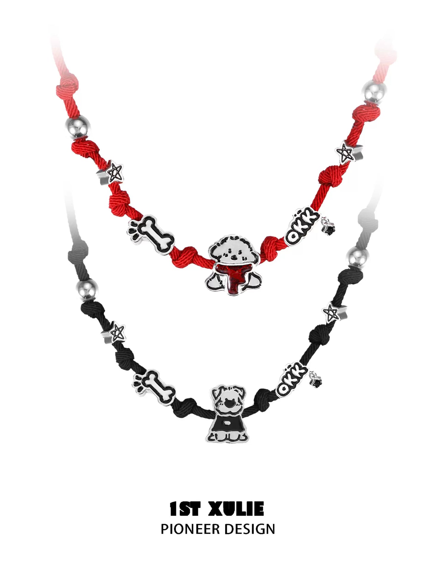Happy puppy braided necklace in red and black with playful charms for dog lovers