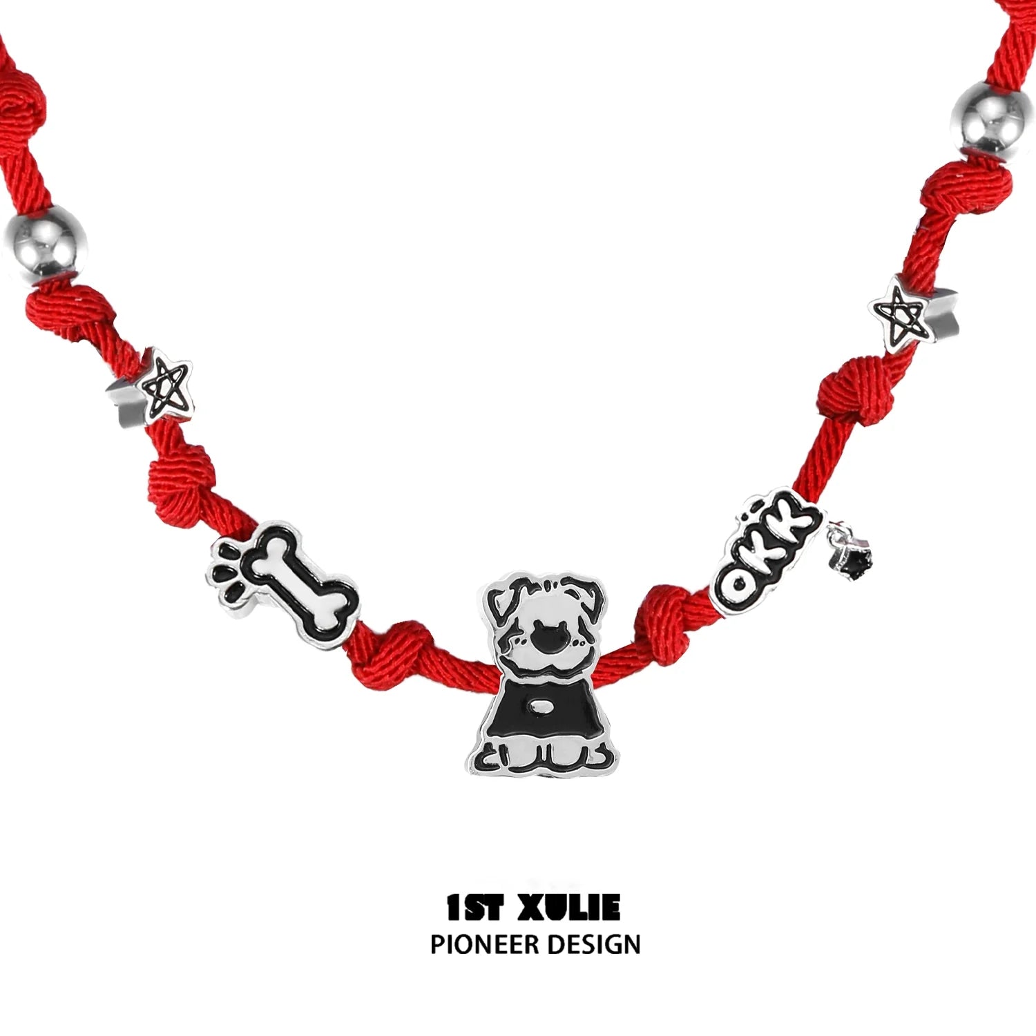 Happy puppy braided necklace with red cord and playful charms for dog lovers