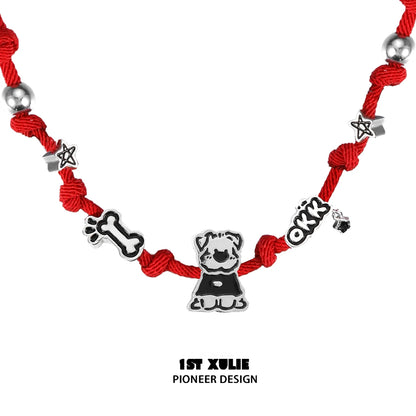 Happy puppy braided necklace with red cord and playful charms for dog lovers