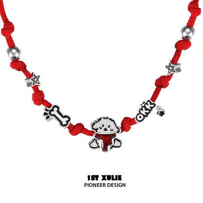 Happy puppy braided necklace with cute dog charms and colorful beads for dog lovers