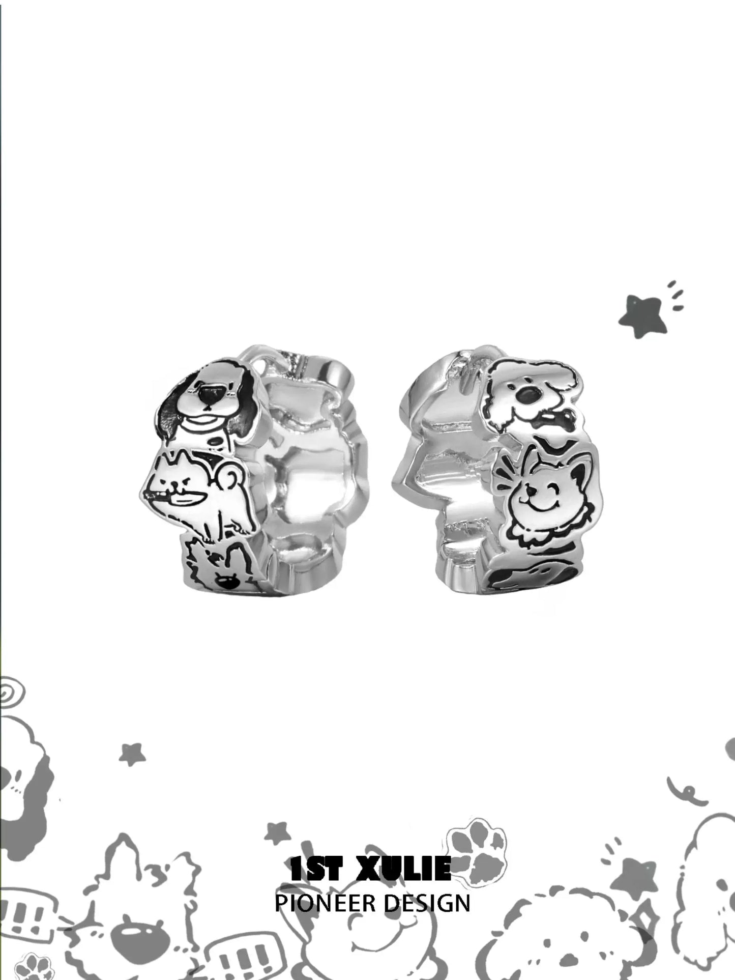 Happy puppy stud earrings featuring playful dog designs in shiny silver finish