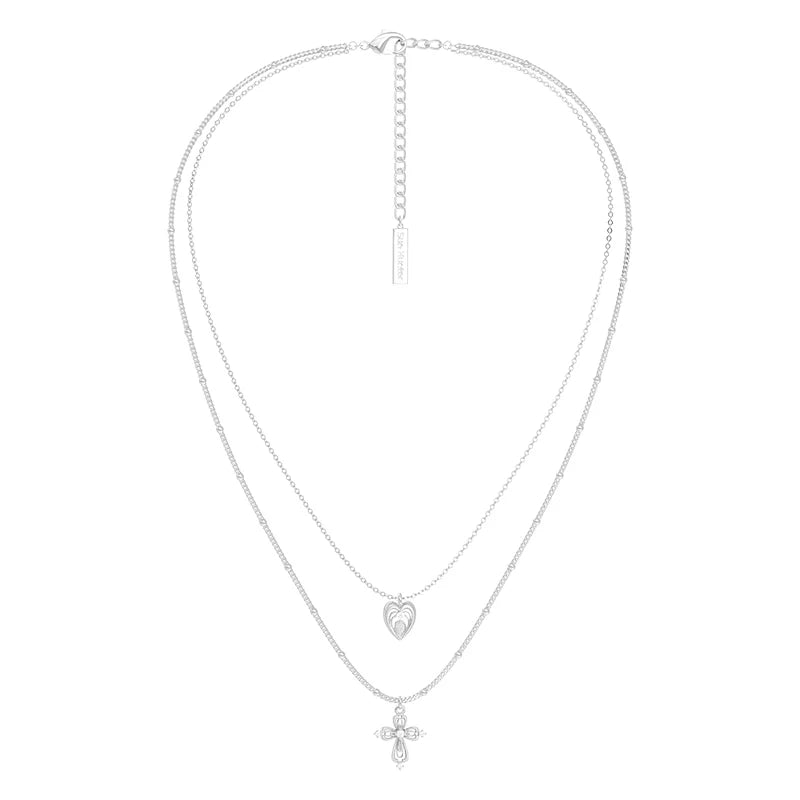 SUN HUNTER heart cross double layer necklace with delicate chains and layered charms