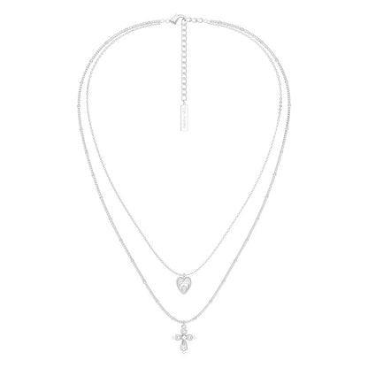 SUN HUNTER heart cross double layer necklace with delicate chains and layered charms