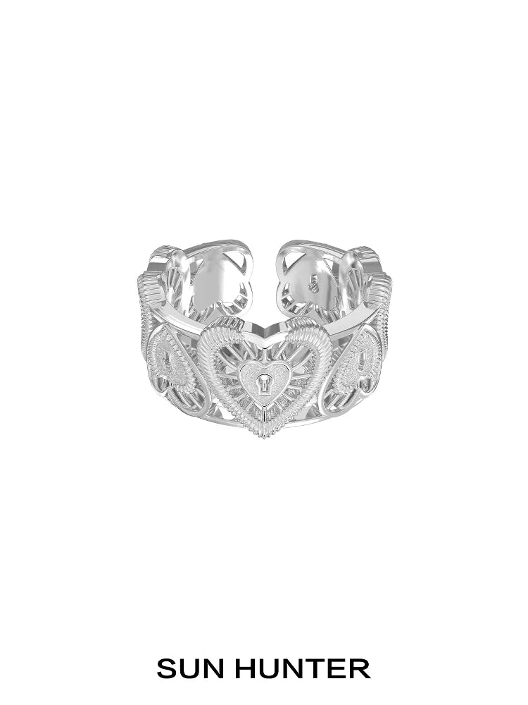 SUN HUNTER Silver Heart Lock Ring with Intricate Design for Unique Style